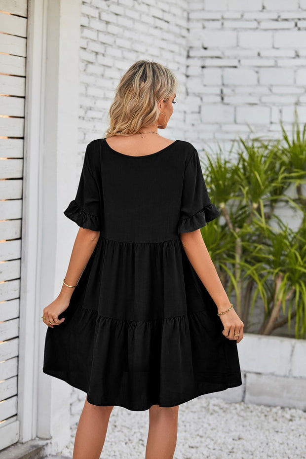 Loose Casual V-neck Short Sleeve Pleated Dresses