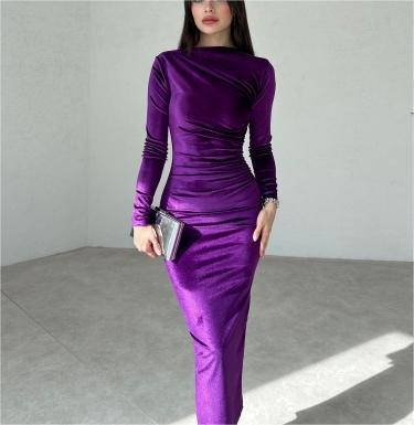 Velvet shiny long-sleeved maxi dress