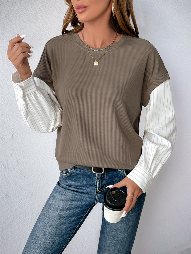 2024 New Autumn Leisure Long Sleeve Fake Two-Piece Color Matching Knitted round Neck Sweater