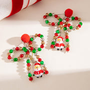 Fashion Colorful Beaded Bowknot Fur Ball Earrings Creative Santa Claus Pendant Christmas Earrings