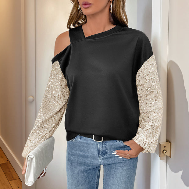 New Long Sleeve Sequined off-Shoulder Multicolor Hoodie Women