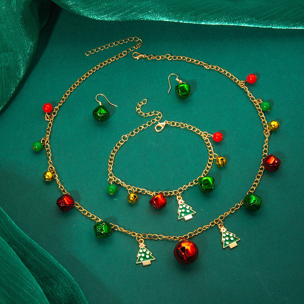 Christmas Christmas Tree Bell Bracelet Necklace Earrings High-Grade Contrast Color Bell Jewelry Suit