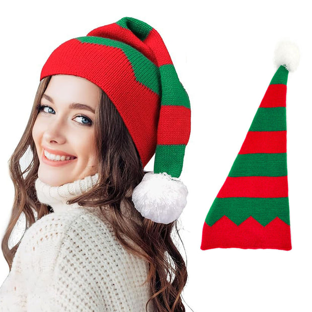 Party Hat Christmas Hat Fluffy Ball Cap Red and Green Striped Warm Hat Parent-Child Hat Santa Claus Hat