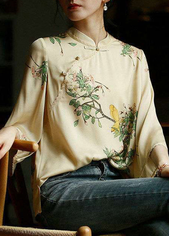 Vintage Beige Mandarin Collar side open Print Silk top long sleeve