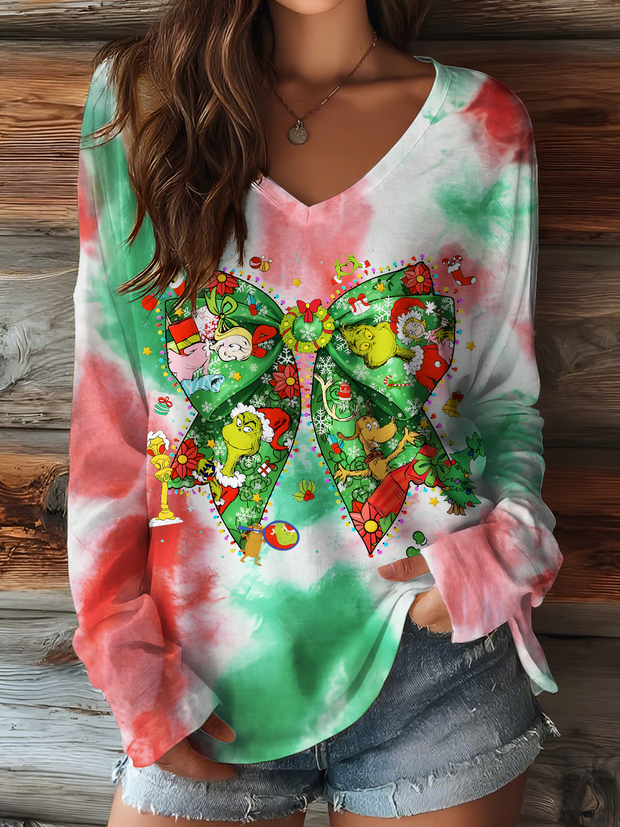 Retro Cartoon Christmas V-neck Long Sleeve Top