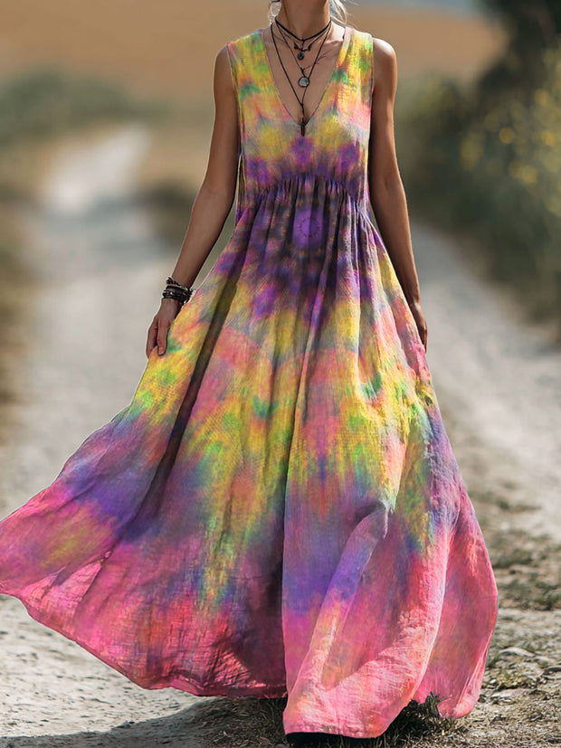 Gradation Kaleidoscope Vintage Art Print Women's Sleeveless Cotton Pocket Dress