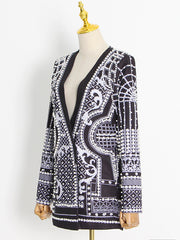 Long Sleeves Loose Beads Printed V-Neck Blazer Outerwear