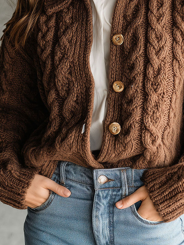 Retro Brown  Chunky Cable Knit Cardigan With Collar