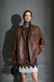 Women’s Vintage Waxed Sheepskin Leather Jacket – Distressed Blazer Collar Trendy Moto Outerwear