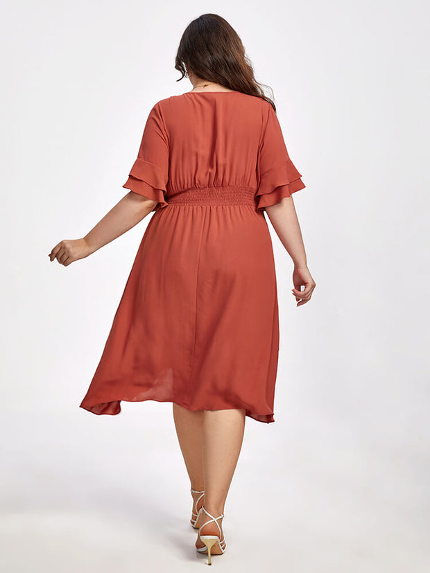 Plus Batwing Sleeve V-Neck Knot Side Wrap Midi Dress