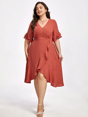 Plus Batwing Sleeve V-Neck Knot Side Wrap Midi Dress