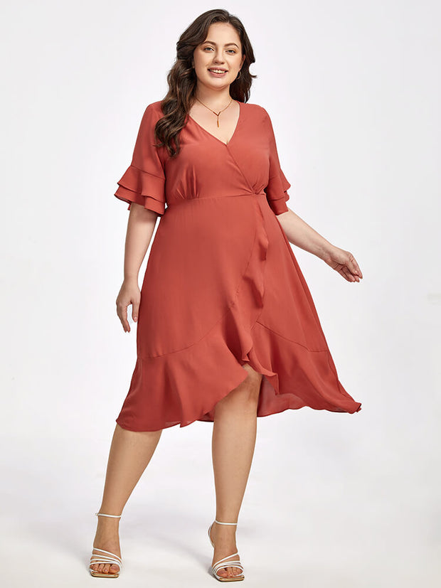 Plus Batwing Sleeve V-Neck Knot Side Wrap Midi Dress