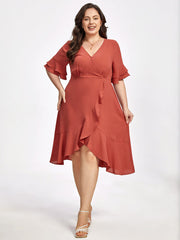 Plus Batwing Sleeve V-Neck Knot Side Wrap Midi Dress