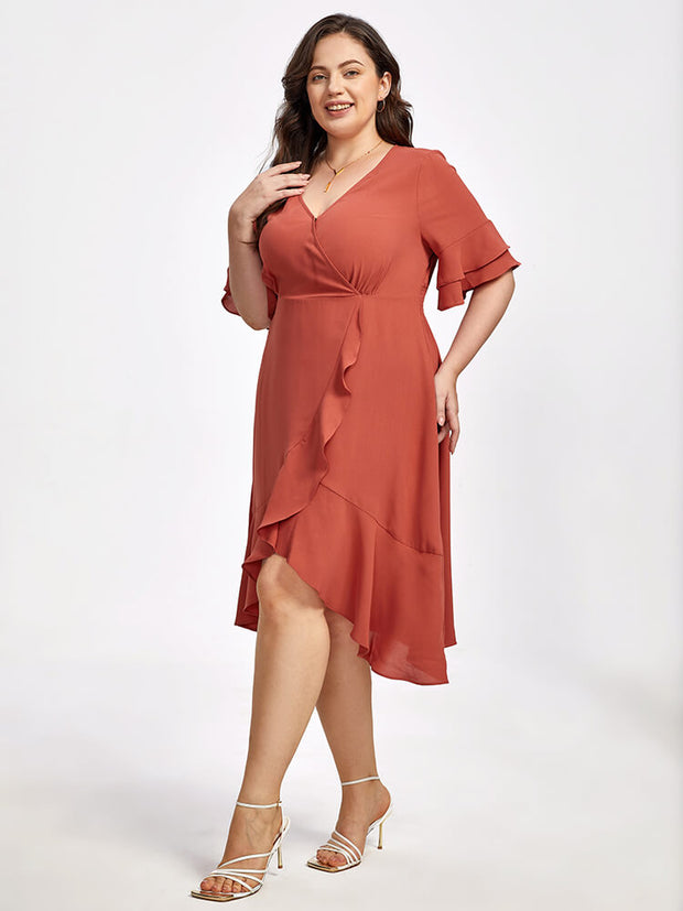 Plus Batwing Sleeve V-Neck Knot Side Wrap Midi Dress