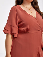 Plus Batwing Sleeve V-Neck Knot Side Wrap Midi Dress