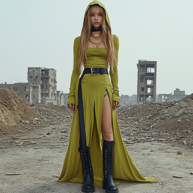 Ruin Wasteland Style Slit Hooded Dress