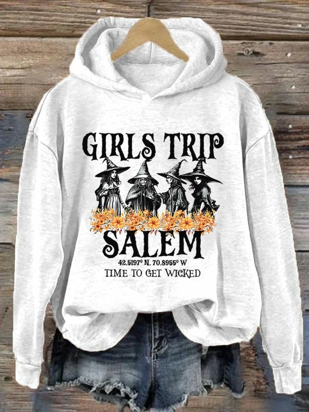 Women's Girl's Trip Salem Time To Get Wicked Halloween Print Hoodie