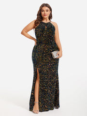 Halter Neck Split Thigh Sequin Maxi Dress