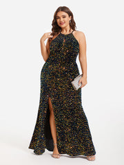 Halter Neck Split Thigh Sequin Maxi Dress