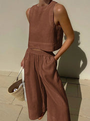 Solid Color Round-Neck Sleeveless Vest + Elasticity Wide Leg Pants Two Pieces Set