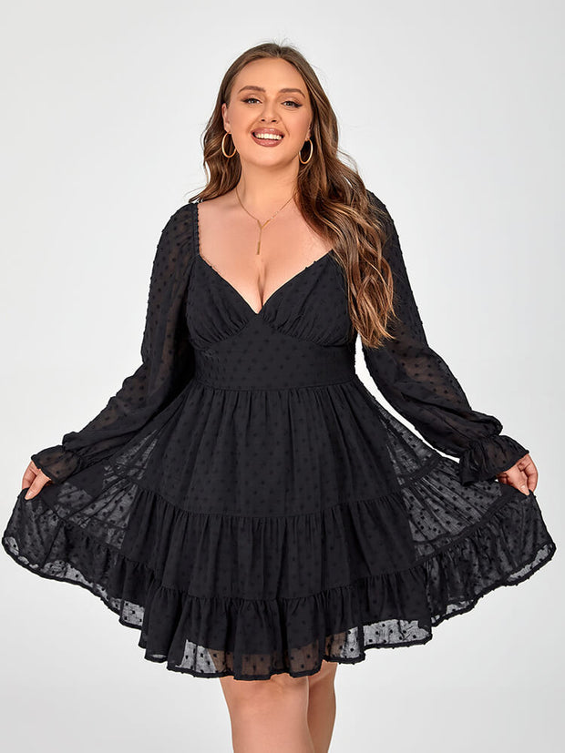 Plus Black Polka Dot Mesh Patchwork Flounce Sleeve Dress