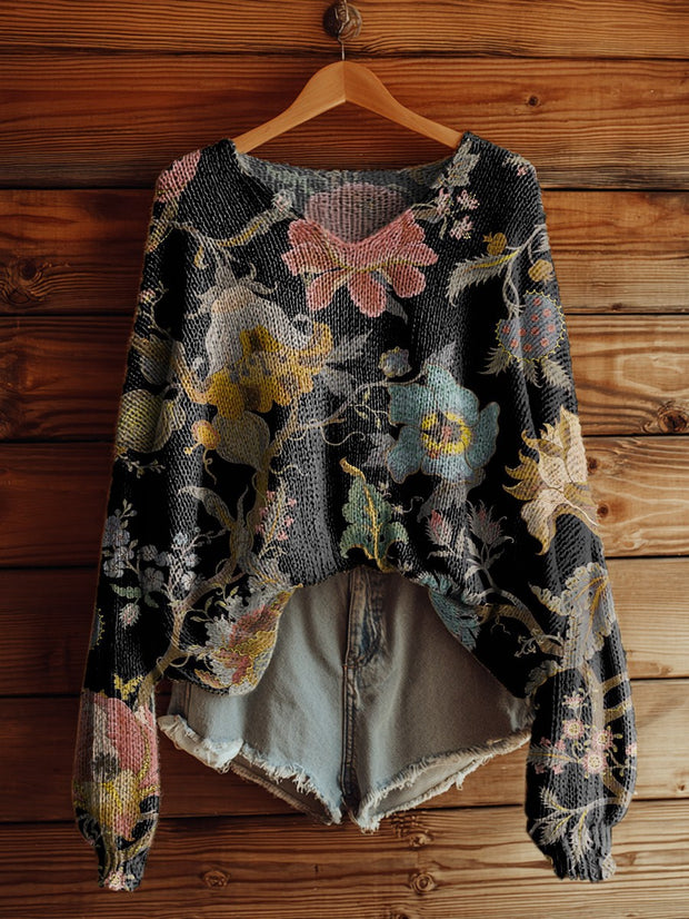 Women's Retro Ethnic Flowers Art Casual Pullover Sweater