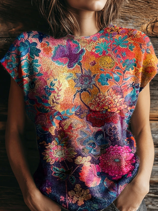 Women's Colorful Folk Flowers Print Casual Crew Neck Short Sleeve Knitted Sweater