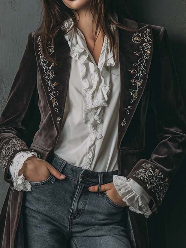 Embroidered Velvet Long Coat – Baroque Brown