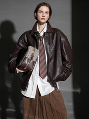 Luxury Collection Vegetable-Tanned Sheepskin Leather Jacket for Women – Stylish Webbing Trim Moto Outerwear