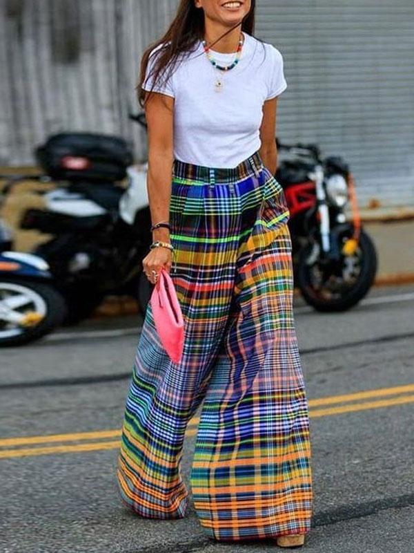 Stylish Selection Wide Leg Loose Checkerboard Printed Casual Pants Bottoms