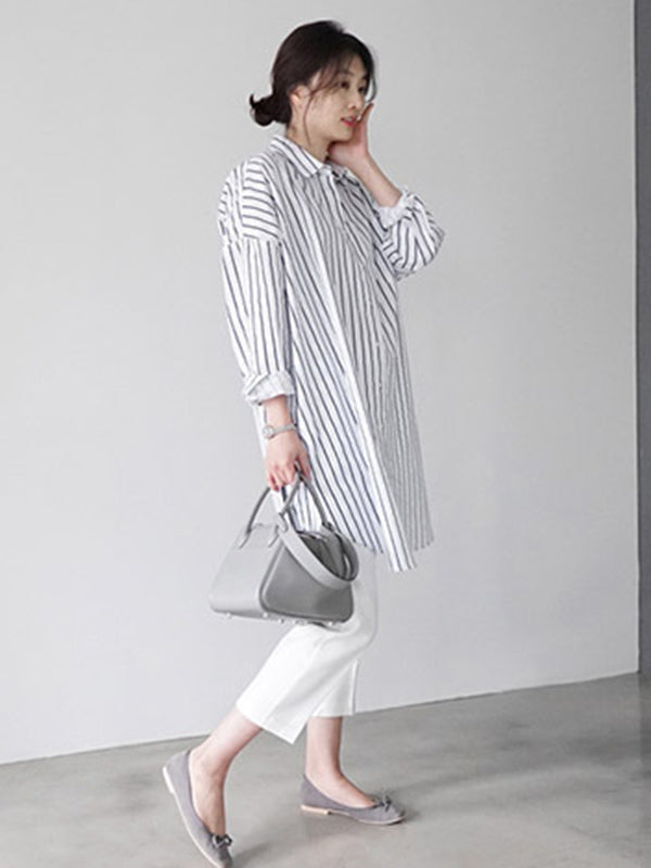 Urban Loose Solid Color Striped Lapel Blouse Top