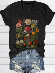 Vintage Garden Flowers Print V Neck T-shirt