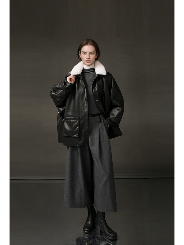 Women’s Biker-Style Shearling Down Jacket – Trendy Short White Goose Down Coat for Winter