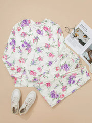 Floral Print Round Neck Top and Drawstring Pants Lounge Set