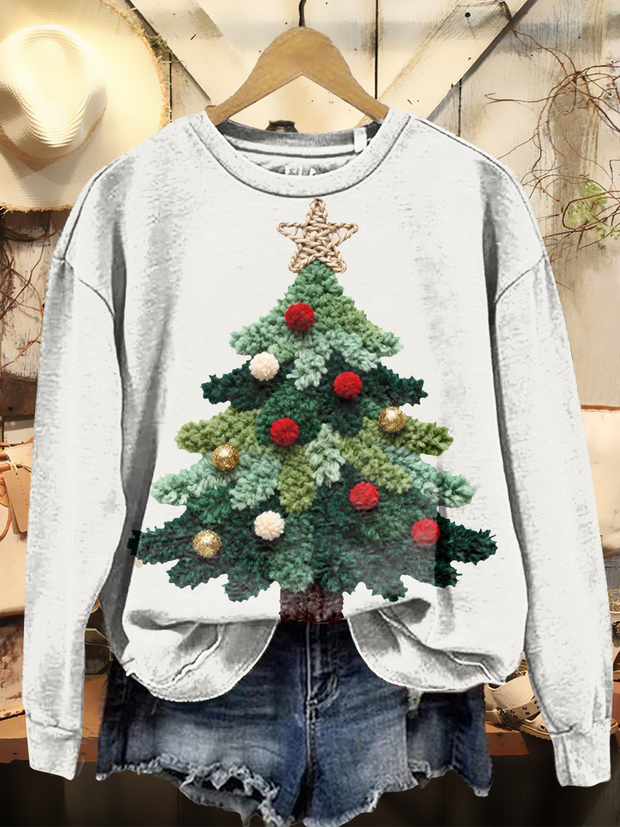Women's Vintage Christmas Art Print Casual Long-Sleeve Crew Neck Sweatshirt