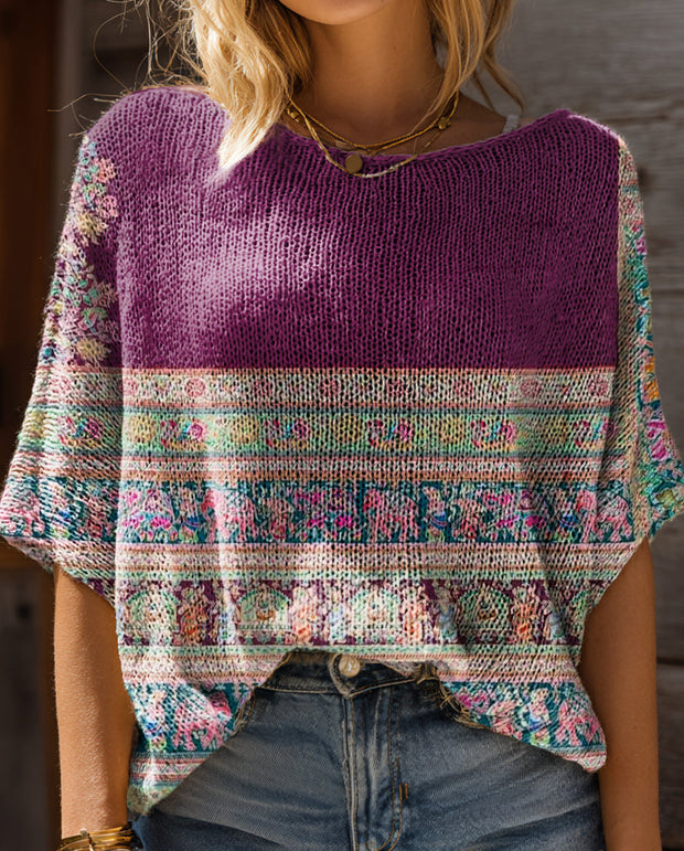Women's Retro Ethnic Totem Floral Art Print Casual Short Sleeves Pullover Sweater