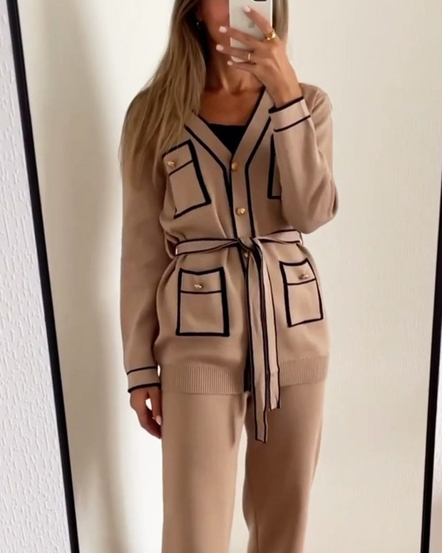 Elegant Color Contrast Two-piece Sweater Suit