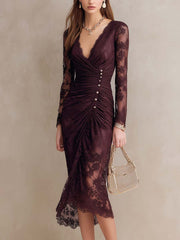 Retro Drapped Waist Lace Midi Dress