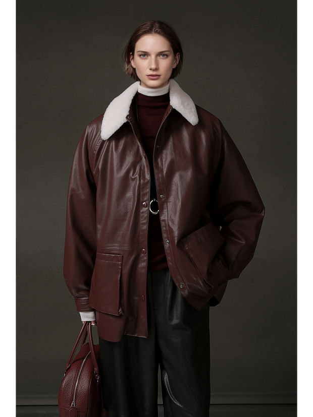 Women’s Biker-Style Shearling Down Jacket – Trendy Short White Goose Down Coat for Winter