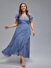 Plus Floral V-Neck Ruffle Sleeves Wrap Maxi Dress