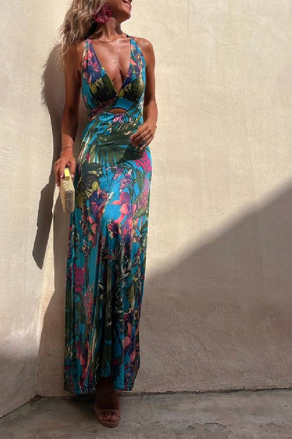 RAINFOREST PARADISE TROPICAL PRINT CUTOUT BACK CROSSOVER STRETCH MAXI DRESS