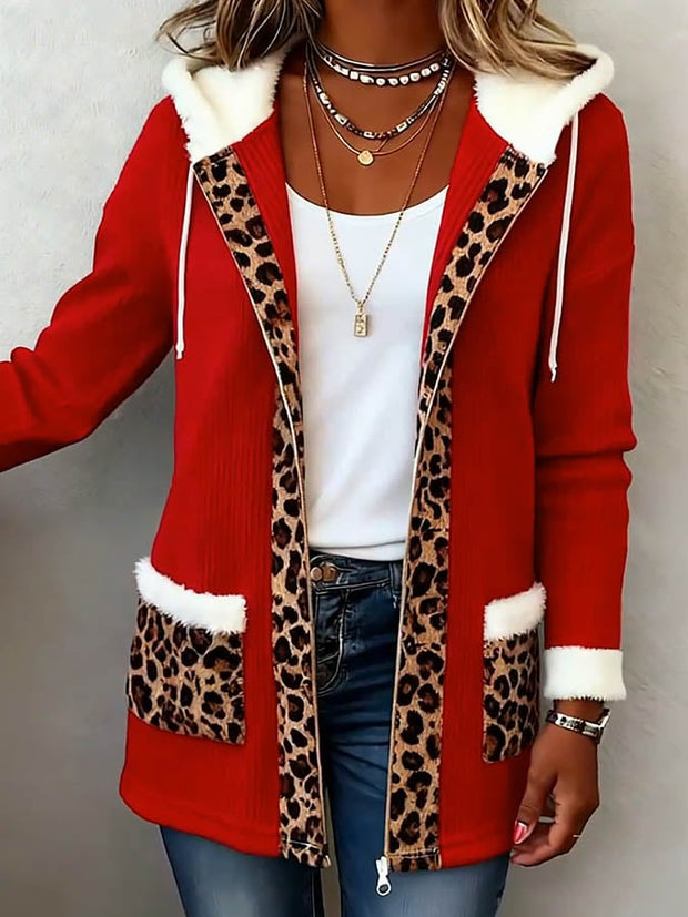 Women's Casual Christmas Spliced Leopard Print Contrast Jacket