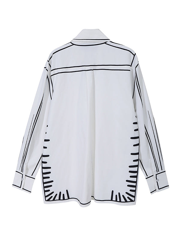 Simple White Black Contrast Color Printed Blouse