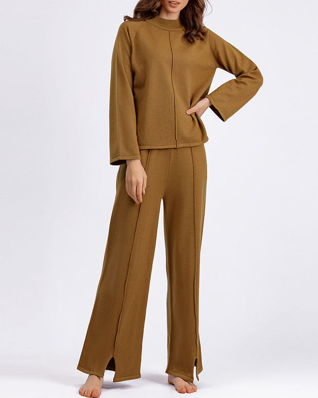 Solid color slit sweater wide-leg trousers two-piece set