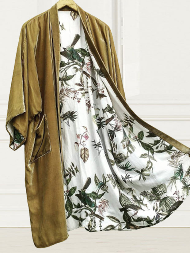 Fashion Lining Flower Leaf Print Kimono Duster