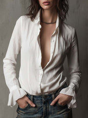 Vintage-Inspired White Button-Up Ruffle Cuff Shirt