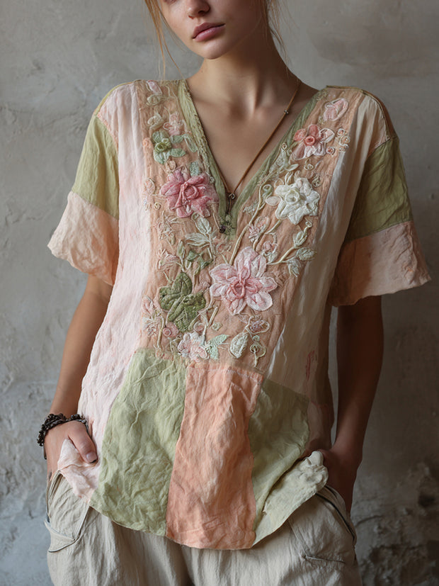 Women's Vintage Floral Art Stitching V-neck T-shirt