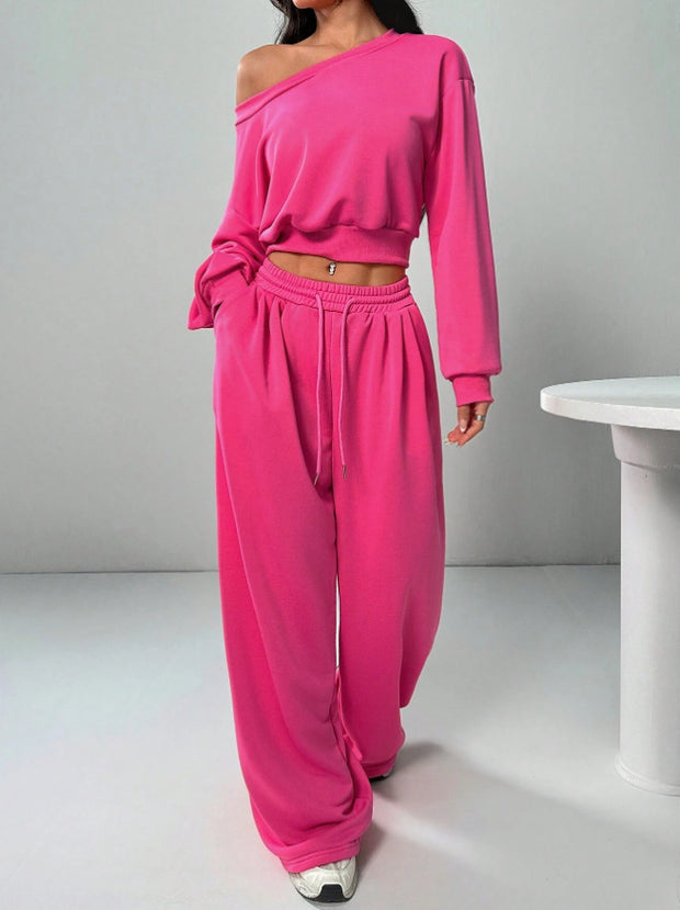Fashion Slim-fit Off-the-shoulder Navel Solid Color Casual Pants Suit