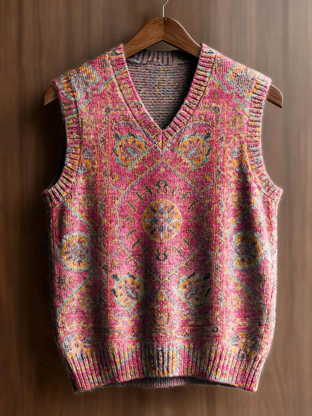 Women's Vintage Ethnic Pattern Art Print Casual V-neck Knit Top