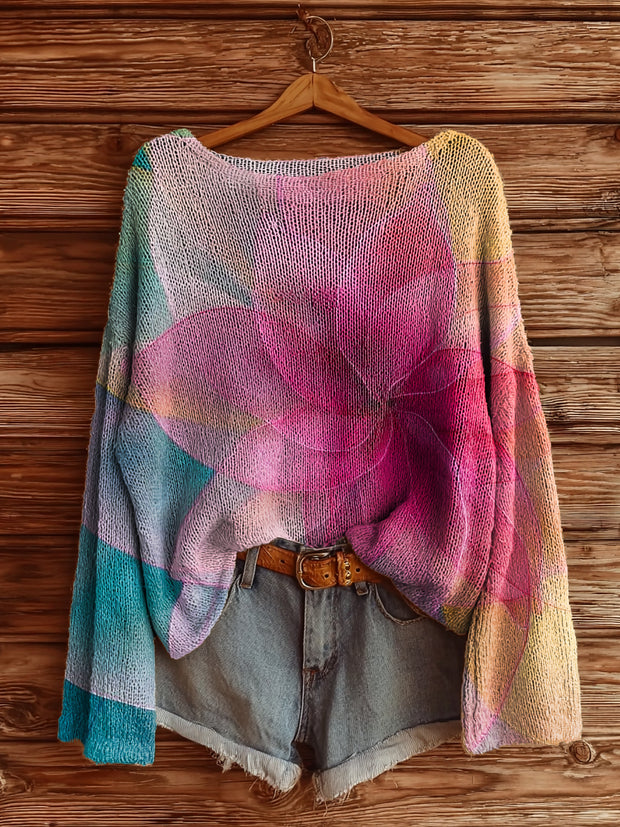 Women's Colorful Floral Art Print Casual Pullover Sweater
